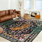 Oriental Tropical Indoor Door Mat Washable, Thin Black Boho Vintage Distressed Hippie 3x5 Throw Rugs for Bedroom Bathroom Kitchen Non-Slip Abstract Botanical Tribal Indian Entryway Carpet