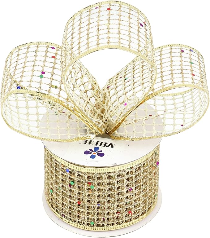 MEEDEE Champagne Gold Glitter Ribbon - 2.5 Inch Square Mesh Net Wired Ribbon with Rainbow Sparkle for Christmas Tree Decoration, Wreath Bow Making (25 Yards)