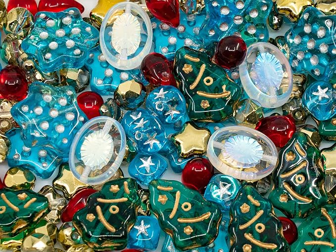 2.1 oz of Czech Glass Beads - Christmas Winter Mix 2025 - Big Star, Teardrop, and Cube Beads for DIY Bracelet Decoration
