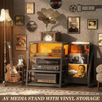 AV Media Stand with Outlets, Stereo Stands and Racks with Vinyl Storage, Stereo Stand with Record Storage, Audio Stereo Rack Cabinet, Turntable Console Stand with LED lights, 4 Tiers, Walnut Grey