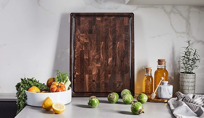 Sonder Los Angeles Alfred Cutting Board Made in USA | Black Walnut End Grain Cutting Board with Non-Slip Feet, Juice Groove, Sorting Compartments | Gift Box Included | 17x13x1.5 in