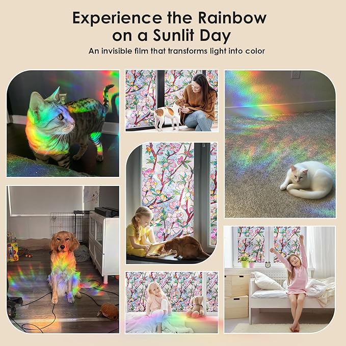 Window Privacy Film Rainbow Film Stained Glass 3D Static Cling Decorative Window Sticker for Bathroom,Front Door,Home Heat Control UV Blocking Non Adhesive,Peach Blossom 17.5 x 78.7 inches