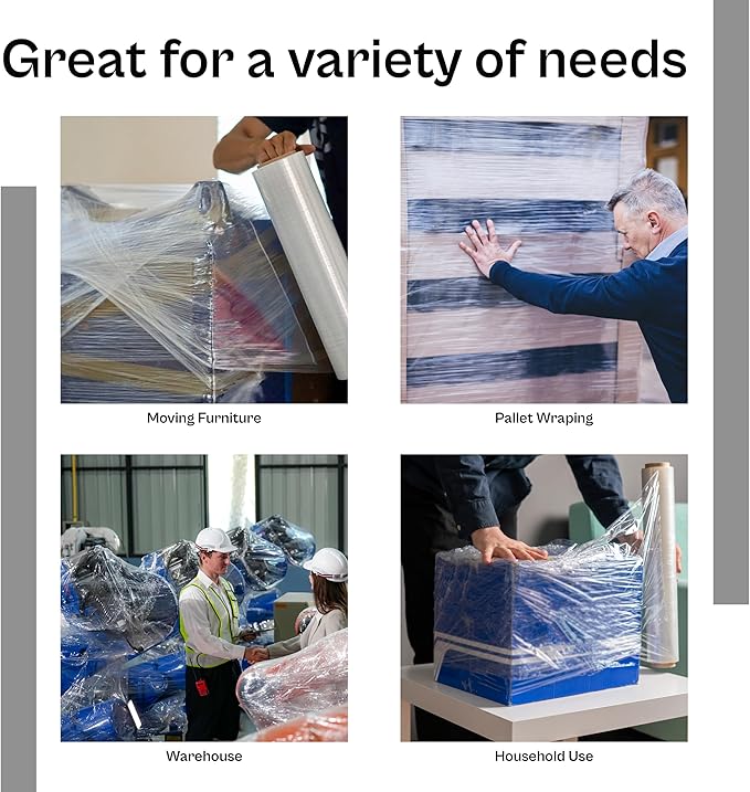 PSBM Stretch Wrap, 4 Pack, 12 Inch x 1500 Feet, 65 Gauge, Clear Plastic Cling, Cast Hand Stretch Film Rolls for Packaging Moving Packing Pallets