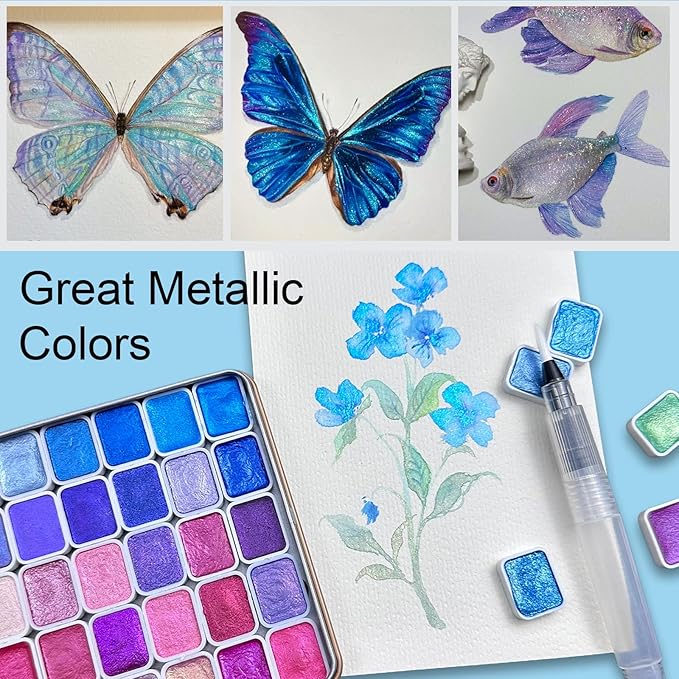 Mini Shifting Watercolor Paint Set, 30 Color Glitter Watercolor Painting Kit, Metallic Watercolor Paints, Solid Water Colors Paint Adult Set, Detail Paint Brush Included, for Artists