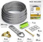 Heavy Duty Picture Wire Hanging Kit - D-Ring, Screws, Hanging Hooks,Level. Supports up to 100 lbs 50+ Feet (15.25M) Stainless Steel Wire Hanger