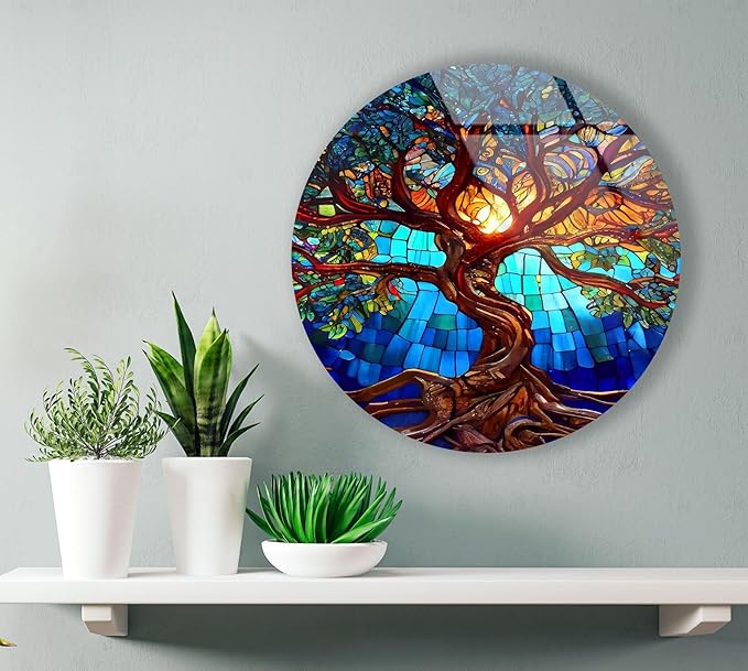 My Photostation.com 20Wx14H'' Stained Blue Life of Tree Glass Wall ArtTempered Glass Printing Wall Decor Large Wall Art Wall Hangings