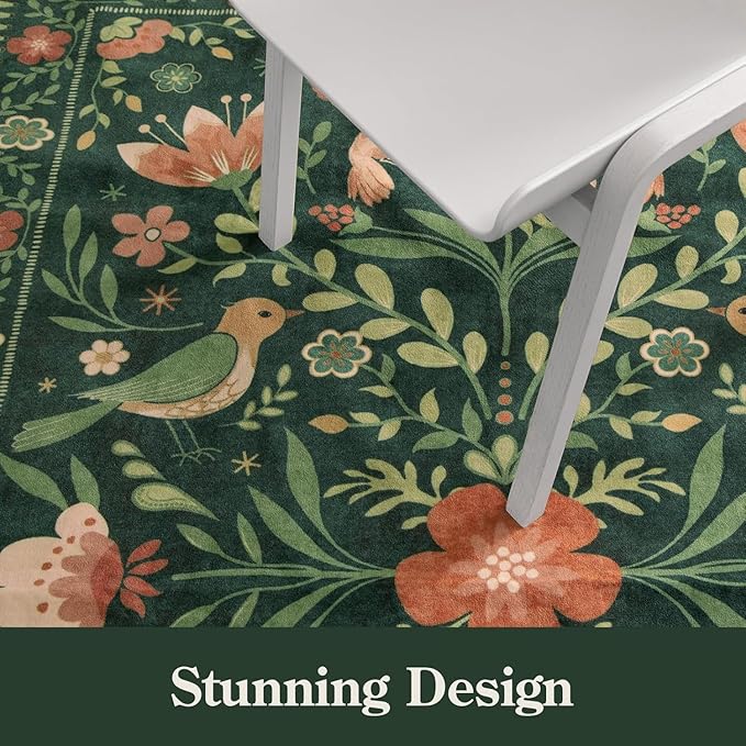 Morebes Washable Rugs 9x12 for Living Room, Large Bird Floral Area Rug Non Slip, Soft Boho Ultra-Thin Insect Carpet for Bedroom Home Office Dining Room Farmhouse, Green