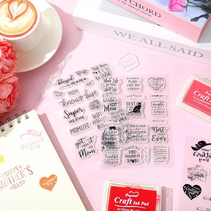 Whaline 4 Sheets Mother's Day Clear Stamps Greeting Words Silicone Transparent Stamps for DIY Craft Card Making Scrapbooking Embossing Album Decor