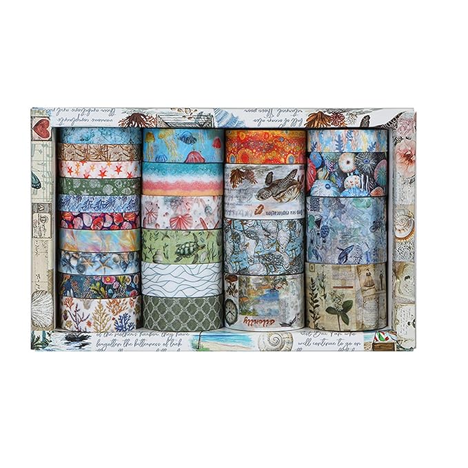 Vintage Washi Tape Set - 24 Rolls Arts Adhesive Tapes Assorted Retro Decorative Masking Tape Sets for Craft, Kids, Scrapbook, DIY, Gift Wrapping (8-Sea Treasures)