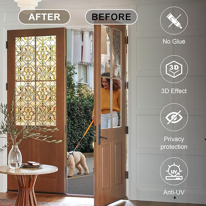 3D Stained Glass Window Privacy Film, Heat Control UV Blocking Static Cling Decorative Window Film for Bathroom,Front Door,Home Non Adhesive 16.9 x 39.3 inches Golden Filigree