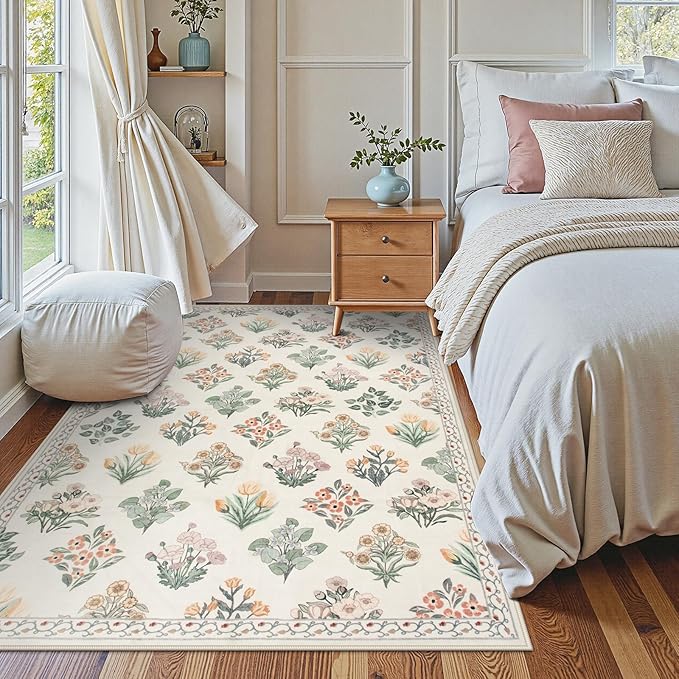 Wonnitar Nursery Rug for Baby Girl, Washable Moroccan Floral 5x7 Rug, Ultra-Thin Non Slip Neutral Flower Print Carpet for Living Room Kids Room Dorm Home Decor, Cream Beige