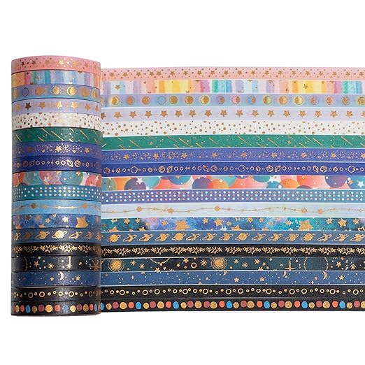 YUBX Skinny Galaxy Washi Tape Set 30 Rolls Gold Foil Decorative Starry Space Masking Tapes for Arts, DIY Crafts, Journals, Planners, Scrapbook, Wrapping