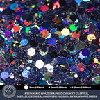 LEOBRO Black Glitter, 160g/5.64oz Holographic Chunky Glitter for Crafts, Resin, Body Nail, DIY Decorations, Holographic Black