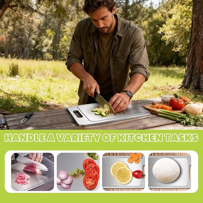 Titanium Cutting Board with Juice Groove-Pure Titanium Cutting Boards For Kitchen，Double-Sided Metal Chopping Board Titanware Cutting Mat for Cutting Meats, Fruits & Vegetables