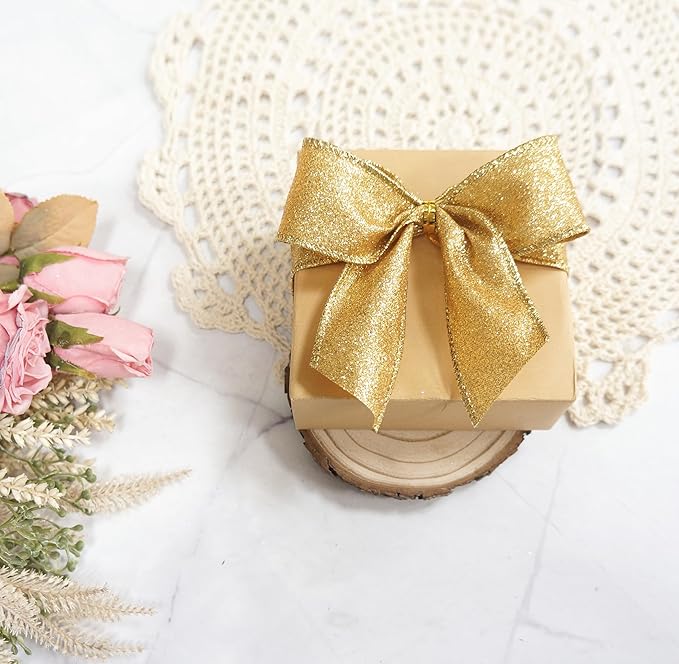 CT CRAFT LLC Glitter Wired Ribbon 1.5" x 10 Yards Yellow Gold for Christmas Home Decor Bow Gift Wrapping DIY Crafts Wreath