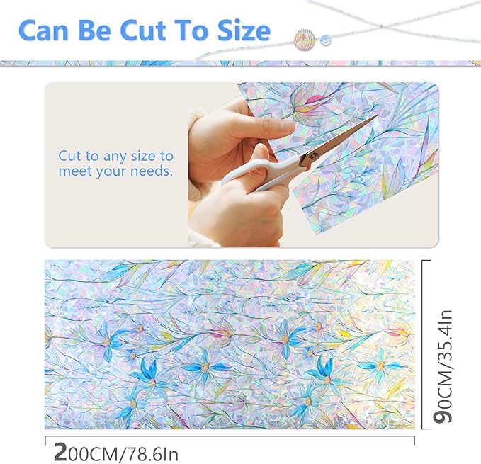 FINNEZ Window Privacy Film Stain Glass Film Flowers Rainbow Window Film Window Clings Non-Adhesive Reusable Decorative for Home（Blue Lotus，35.4 Inch x 6.5 Feet）