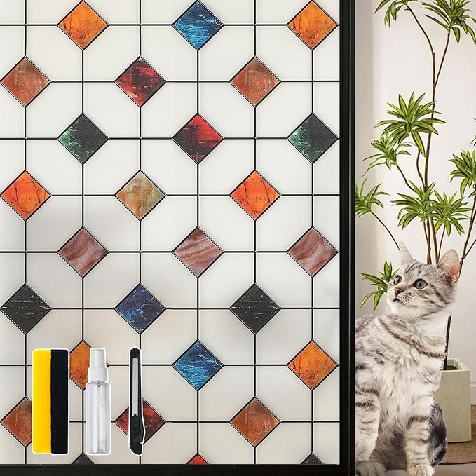 DKTIE Stained Glass Window Film Geometric Patterns, Fine Frosted Window Clings for Glass Windows, Waterproof for Bathroom Window Privacy Film Day and Night (S533, 17.7in X 78.7in)