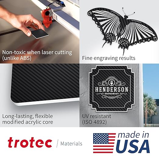 Trotec TroLase | 12"x24"x1/16", 4 Pcs | Carbon/White | 2 Ply | Modified Acrylic | Laser Engraving Double Color Plastic Sheet | Engraving Blanks for Laser, Saw, Guillotine | Made in USA