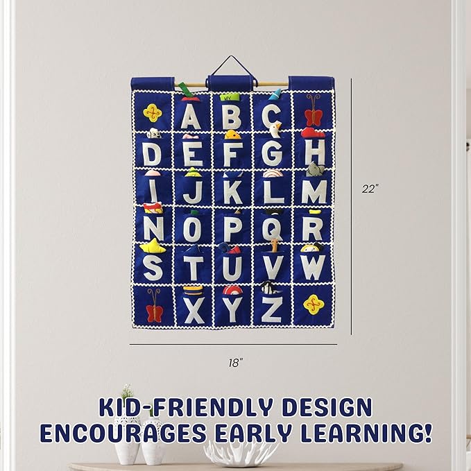 Pockets of Learning ABC Felt Wall Hanging Chart - Early Education Alphabet Fabric Wall Décor for Children's Room | Engaging Educational Learning Art for Kids with Fabric Objects in Pocket (Blue)