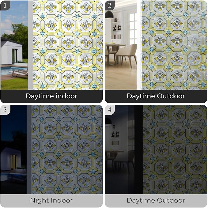 3D Stained Glass Window Film, Decorative Window Privacy Film for Bathroom,Front Door,Home, Sun Blocking Heat Control,Static Cling,23.6inch x 35.4inch Gilt Glazed Flowers