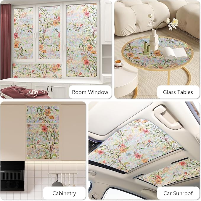 NINETREX Window Privacy Film,Stained Glass Window Film,Rainbow Decorative Stickers Static Cling Anti UV Heat Control for Home Decor (Galsang Flower,17.5 x 157.4inch)