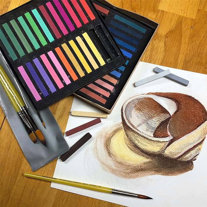 Charvin Artist Colored Chalk Pastels (Set of 48) - Water Soluble, Assorted Pastel Color Sticks for Wet, & Dry Painting