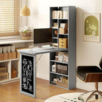 HOMCOM Fold-Out Convertible Writing Table, Wall Mount Desk Cabinet with Blackboard and Side Shelf Multi-Function Home Office Workstation, Charcoal Gray