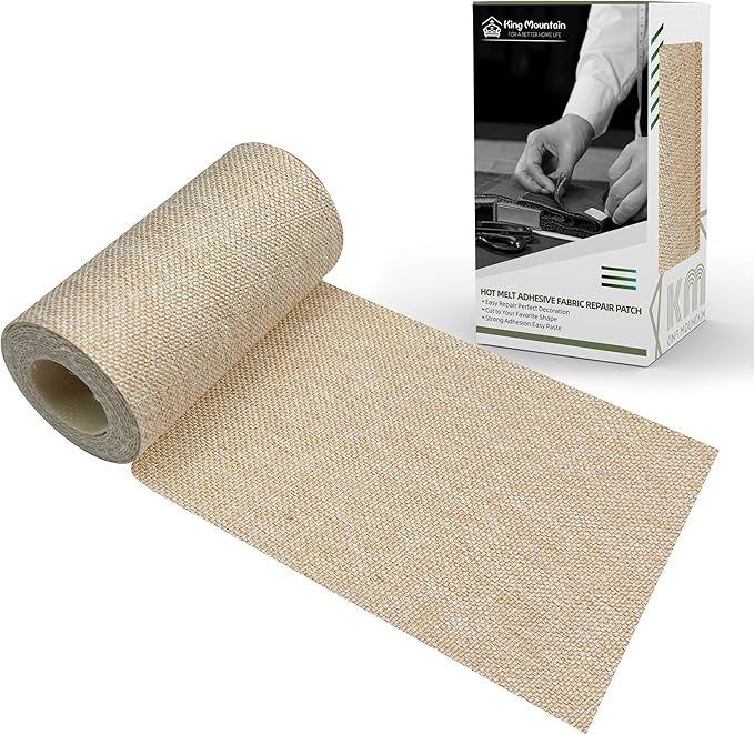 KING MOUNTAIN Linen Fabric Iron-on Repair Patch, Inside&Outside Fabric Repair Patch, 3"x60" with Backing Glue Linen Repair Decorative Patch kit (Light Beige)
