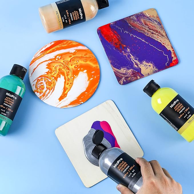 Nicpro 14 Colors 8.45oz Acrylic Pouring Paint Kit, Large Volume Premixed High Flow Pour Paints Supplies with Canvas, Wood Natural Slices, Pouring Oil, Gloves, Strainer, Cups for Beginner DIY Crafts