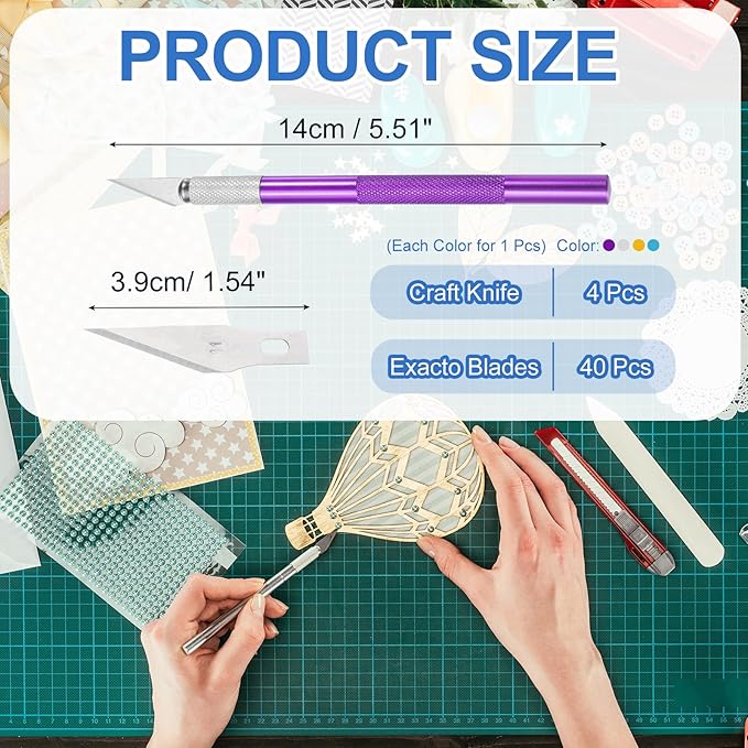 MECCANIXITY 4 Pcs Exacto Knife, Craft Hobby Knife with 40 Exacto Blades(#11) Profession Craft Knives for Crafting, Modeling, Scrapbooking (Purple, Gold, Blue, Silvery)