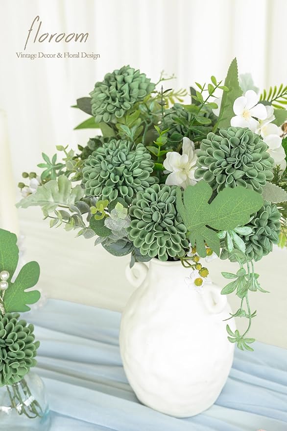 Floroom Artificial Dahlia Flowers 25pcs Real Looking Elf Green Foam Fake Roses with Stems for DIY Wedding Bouquets Bridal Shower Centerpieces Floral Arrangements Party Tables Home Decoration
