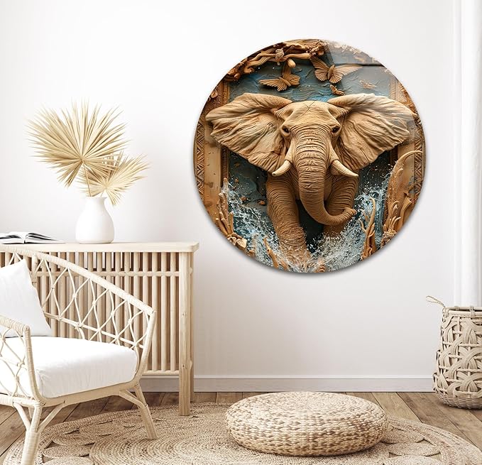 My Photostation.com 27Wx43H'' Elephant Carving Glass Wall Art Tempered Glass Printing Wall Decor Large Wall Art Wall Hangings