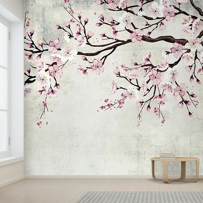 wall26 Large Wall Mural Watercolor Style Ink Painting Pink Cherry Blossom on Vintage Wall Background | Self-Adhesive Vinyl Wallpaper/Removable Modern Wall Decor - 132x144 inches