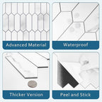 SUNWINGS Backsplash Tile for Kitchen Peel and Stick, Stone Composite Self Adhesive Tiles Faux Marble Pattern Long Hexagon Mosaic Wall Tile for Kitchen, 12 Inch x 11.22 Inch 10 Sheets White Marble