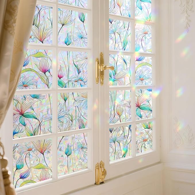 Donox Decorative Window Privacy Film, 3D Floral Stained Glass Window Film Static Cling Rainbow Privacy Sticker for Glass Door Heat Control Anti UV, No Adhesive (Magnolia,17.5 x 157.4 inches)