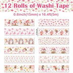 12 Rolls Fairy Washi Tape Set, Fairy Mushroom Butterfly Floral Decorative Tape, Pink Watercolor Masking Tapes for Scrapbooking Journaling Party Supplies, DIY Art Crafts, Gift Wrapping 16.4FT