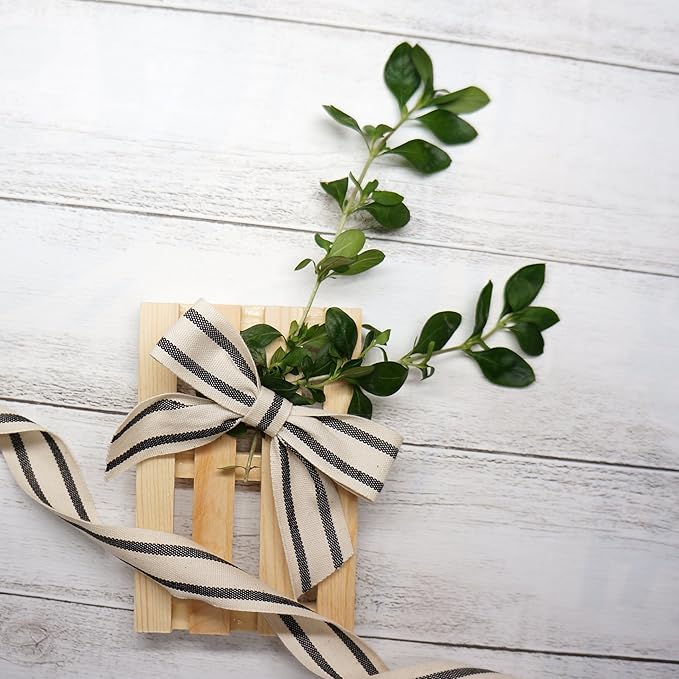 CT CRAFT LLC Ivory Cotton Black Stripes Ribbon 1" x 10 Yards for Home Décor Gift Present Wrapping DIY Crafts Birthday Wedding Bouquet Christmas