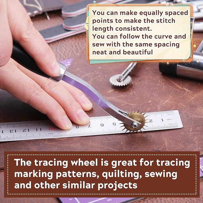 4PCS Tracing Wheel, Professional Stitch Marking Spacer, Wood and Stainless Steel Pounce Wheel for Sewing Patterns with Wooden Handle and Plastic Handle for Tracing Paper and Leather Crafts