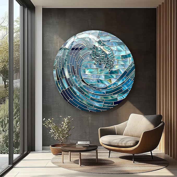 My Photostation.com 39,4''(100cm) Diameter Ocean Wave in Blue Mosaic Round Glass Wall Art Tempered Glass Printing Wall Decor Large Wall Art Wall Hangings