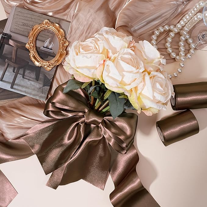 LaRibbons Brown Satin Ribbon 4 Inch 10 Yards Double Faced Luxury Mocha Silk Ribbon for Gift Wrapping Flower Bouquets Bow Christmas Wedding Party Decoration