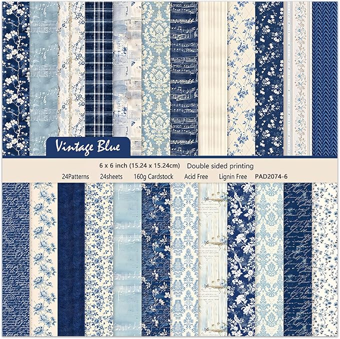 6 Inch Blue Floral Aesthetic Scrapbooking Paper Pad - 24 Sheets Double Sided Patterns for Background Photos Junk Journal Card Making Origami DIY Crafts Gifts Wrapping Material