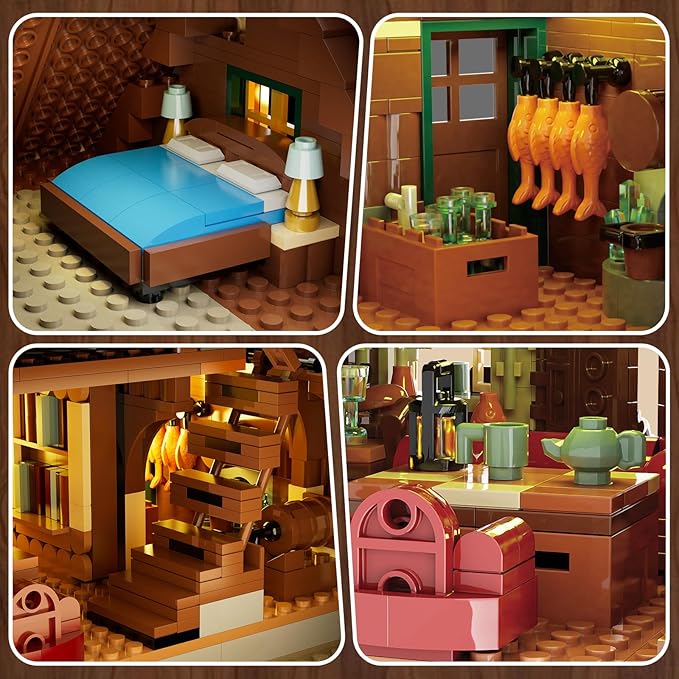 Wood Cabin Building Set with Light, 2570 PCS Wooden Forest House Mini Building Block Toy with Waterwheel Pond Animals, Big House Construction Model for Adults Teens Kids Boys Girls 10-12+