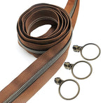 Leekayer #5 Antique Brass Metallic Nylon Coil Zippers by The Yard Bulk 10 Yards with Ring Pulls(Brown Tape with 25pcs Brass Sliders for DIY Sewing Tailor Craft Bag(Brown)