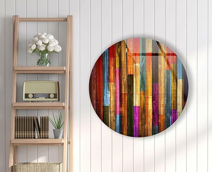 My Photostation.com 39,4''(100cm) Diameter Colorful Wood Pattern Round Glass Wall Art Tempered Glass Printing Wall Decor Large Wall Art Wall Hangings