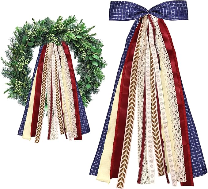 Large Blue Buffalo Plaid Ribbons Bow for Wreath, Red Orange Fall Fabric Ribbons Set Assorted Lace Ribbon Navy Clip-On Wreath Sash Ribbon Bundle for Thanksgiving Home Indoor Outdoor Decor