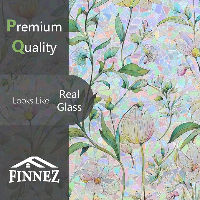 FINNEZ Window Privacy Film Stain Glass Film Flowers Rainbow Window Film Window Clings Non-Adhesive Reusable Decorative for Home（Forest Rainbow，23.6 Inch x 6.5 Feet）