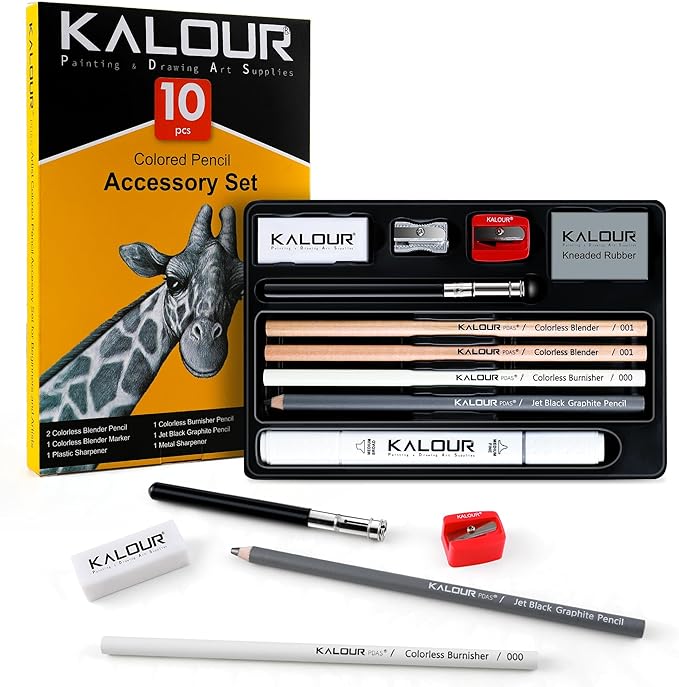 KALOUR Colored Pencil Accessory Kit,with Blenders,Erasers and Sharpener.perfect for Blending Softening Edges,ideal for Coloring Book,Art Supplies for Artists Beginners