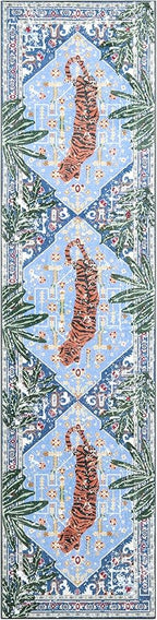 Oriental Tropical Hallway Runner Rug 2x6 Washable, Thin Stain Resistant Blue Boho Runner Rug for Entryway Kitchen Bedroom Laundry, Vintage Abstract Hippie Indian Botanical Long Floor Carpet