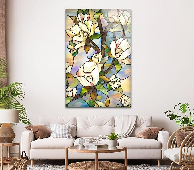 My Photostation.com 30Wx35.5H'' Stained Magnolia Glass Wall Art Tempered Glass Printing Wall Decor Large Wall Art Wall Hangings