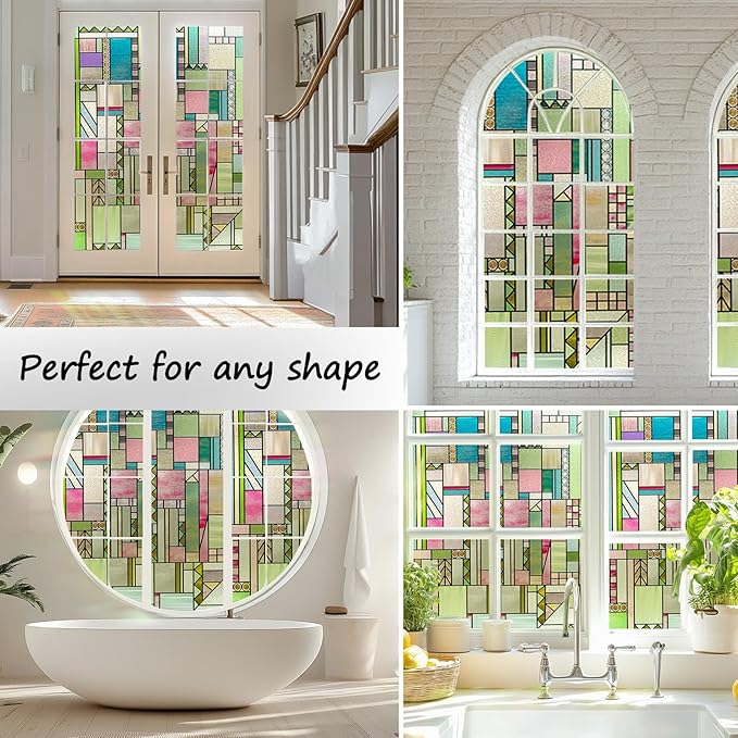 LuminManta 3D Stained Glass Window Privacy Film, Heat Control UV Blocking Static Cling Decorative Window Film for Bathroom,Front Door,Home Non Adhesive 23.6 x 35.4 inches Colorful Abstraction